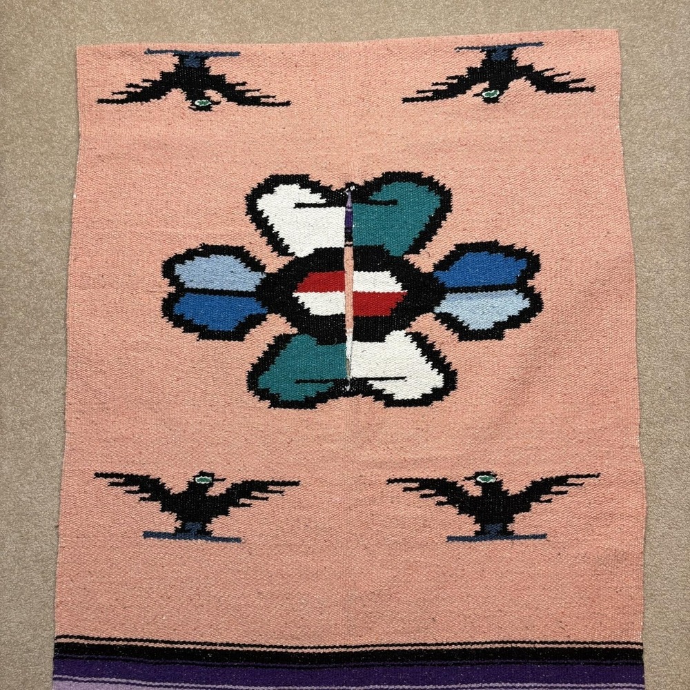Vtg 70s Mexican Wool Poncho Serape Blanket Handwoven Thunderbird Southwestern
